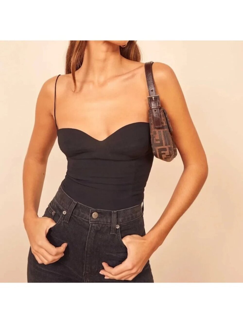 Reformation Liza Black Sweetheart Bust Cups Smocked Cami Top Coquette Basics 12